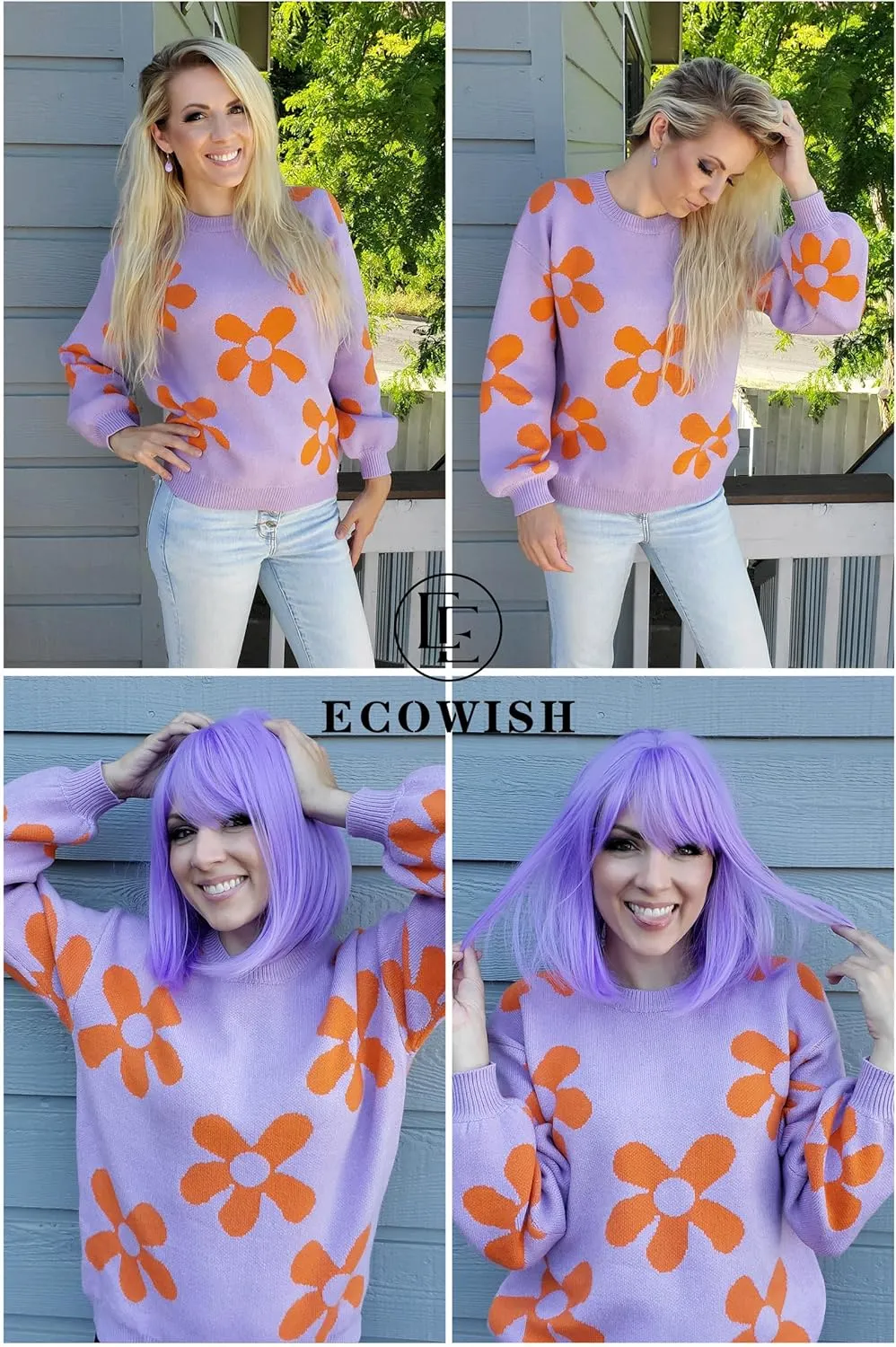 ECOWISH Women's Sweater 2024 Fall - Long Sleeve Crewneck Tops Knit Oversized Pullover Casual Print Jumper