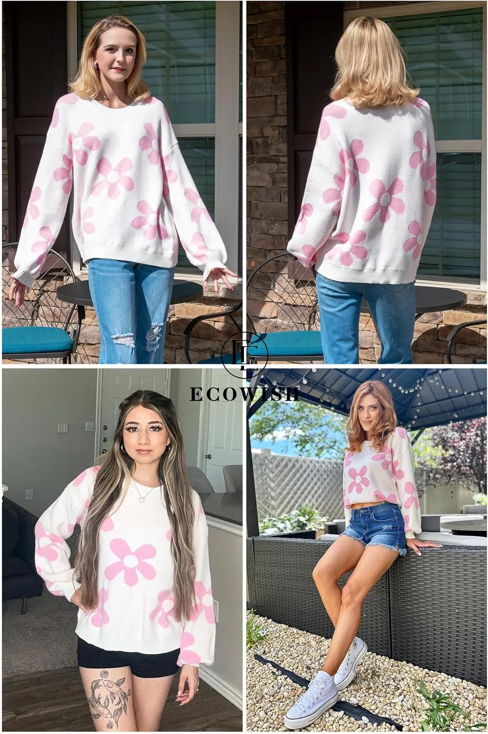 ECOWISH Women's Sweater 2024 Fall - Long Sleeve Crewneck Tops Knit Oversized Pullover Casual Print Jumper