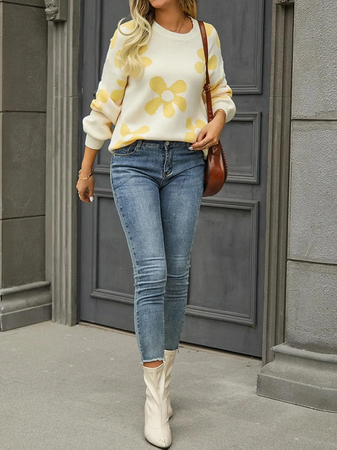 ECOWISH Women's Sweater 2024 Fall - Long Sleeve Crewneck Tops Knit Oversized Pullover Casual Print Jumper