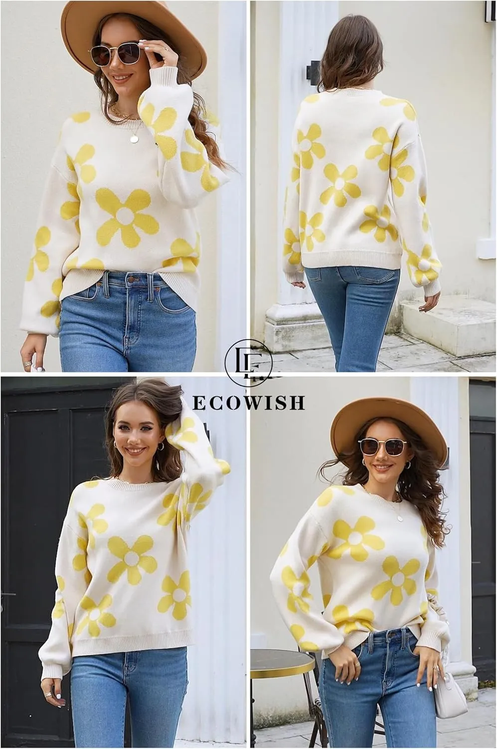 ECOWISH Women's Sweater 2024 Fall - Long Sleeve Crewneck Tops Knit Oversized Pullover Casual Print Jumper