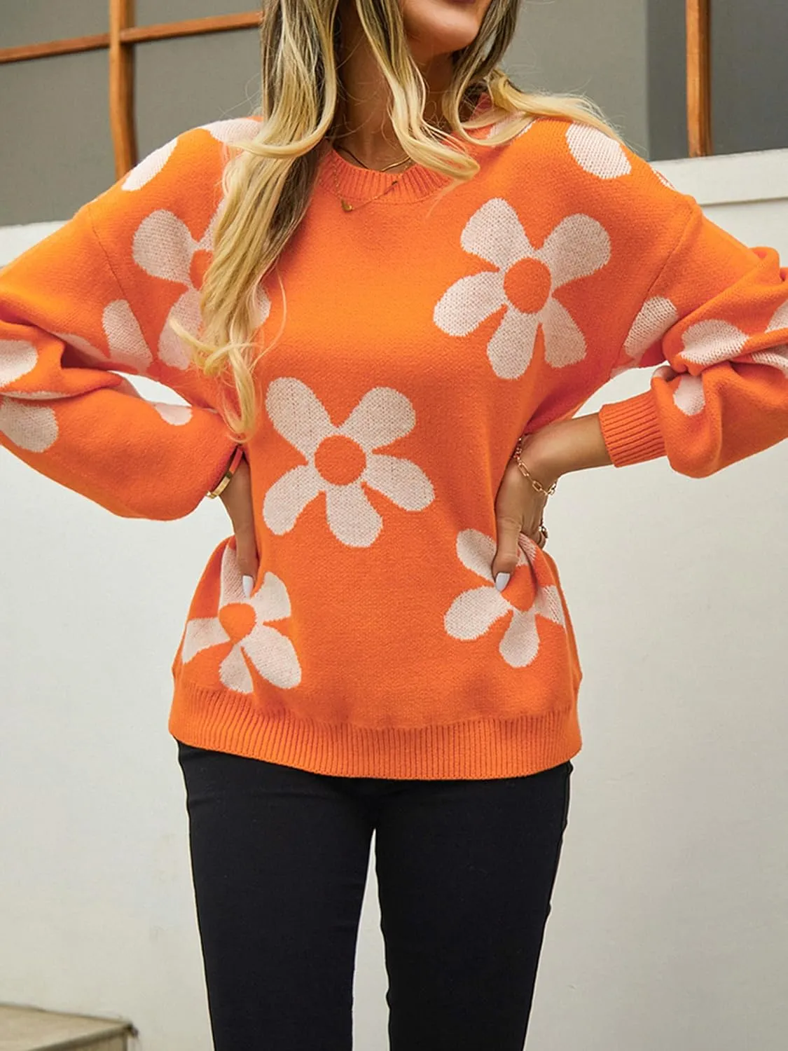 ECOWISH Women's Sweater 2024 Fall - Long Sleeve Crewneck Tops Knit Oversized Pullover Casual Print Jumper