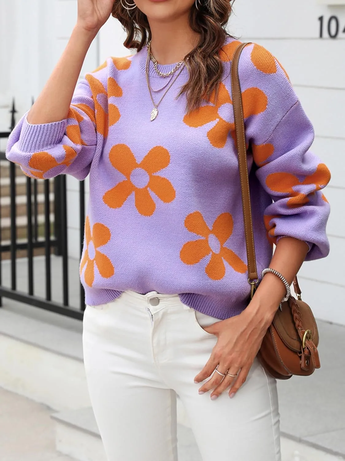 ECOWISH Women's Sweater 2024 Fall - Long Sleeve Crewneck Tops Knit Oversized Pullover Casual Print Jumper