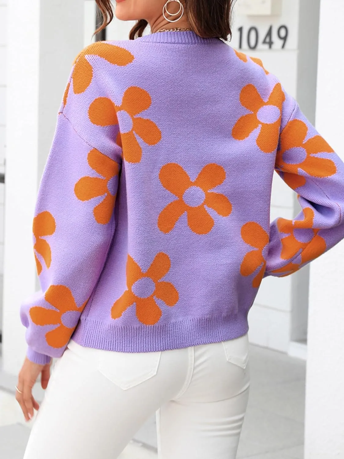 ECOWISH Women's Sweater 2024 Fall - Long Sleeve Crewneck Tops Knit Oversized Pullover Casual Print Jumper