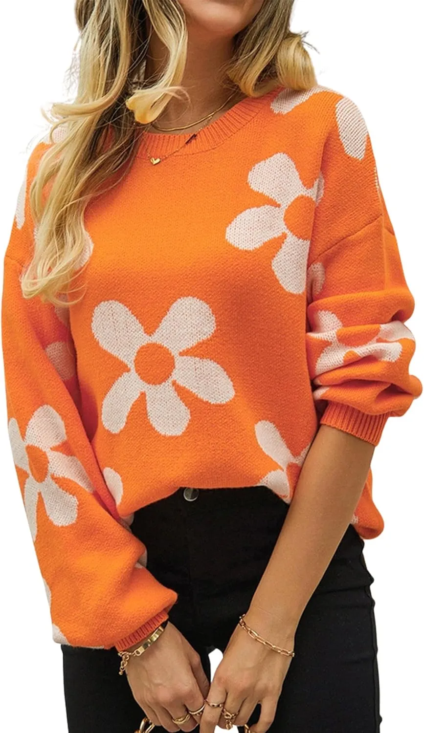ECOWISH Women's Sweater 2024 Fall - Long Sleeve Crewneck Tops Knit Oversized Pullover Casual Print Jumper