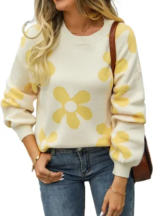 ECOWISH Women's Sweater 2024 Fall - Long Sleeve Crewneck Tops Knit Oversized Pullover Casual Print Jumper