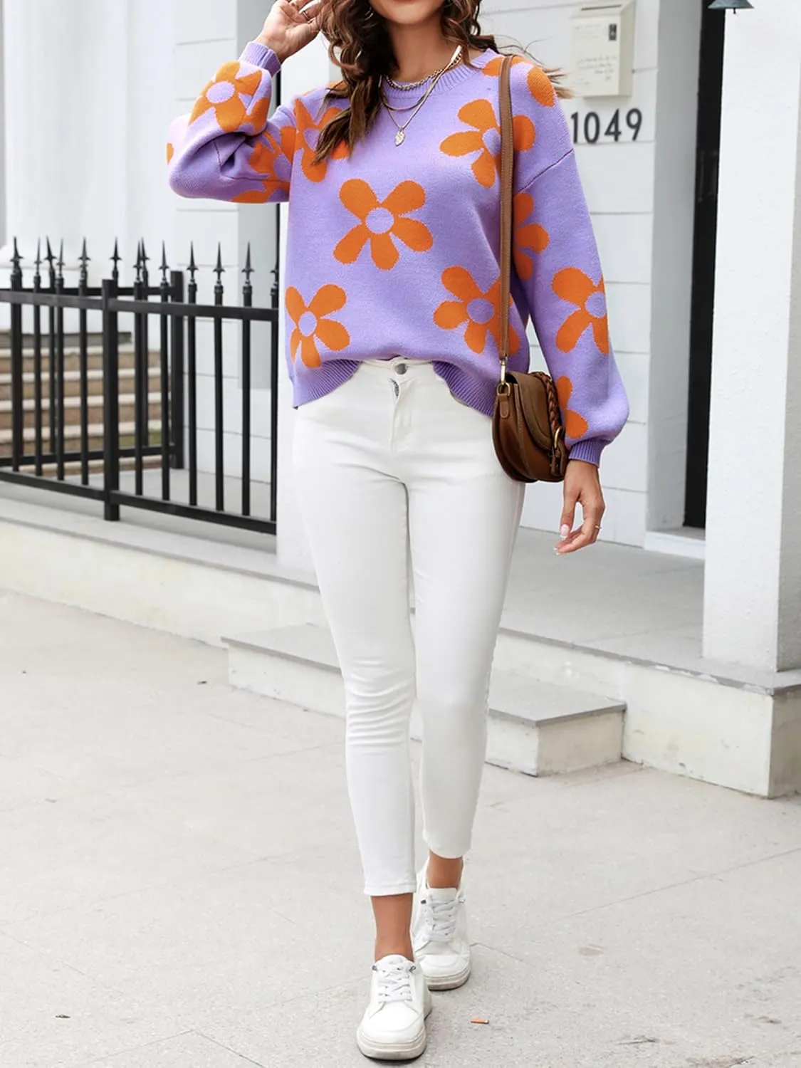 ECOWISH Women's Sweater 2024 Fall - Long Sleeve Crewneck Tops Knit Oversized Pullover Casual Print Jumper