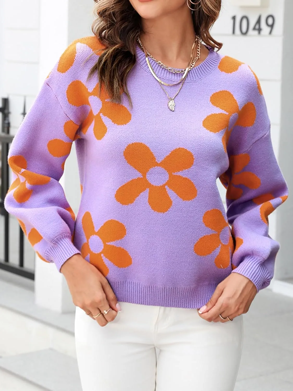 ECOWISH Women's Sweater 2024 Fall - Long Sleeve Crewneck Tops Knit Oversized Pullover Casual Print Jumper