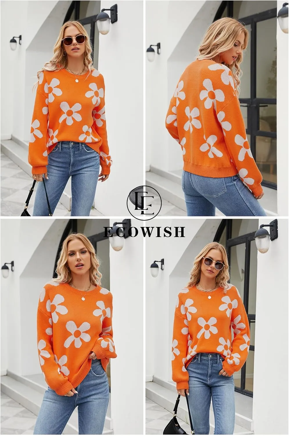 ECOWISH Women's Sweater 2024 Fall - Long Sleeve Crewneck Tops Knit Oversized Pullover Casual Print Jumper