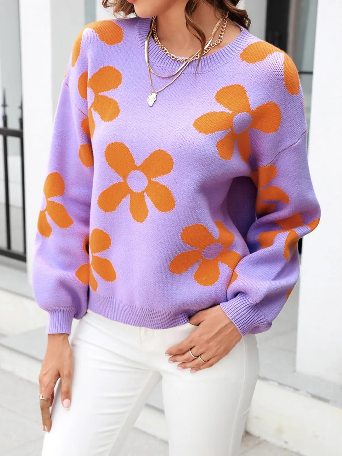 ECOWISH Women's Sweater 2024 Fall - Long Sleeve Crewneck Tops Knit Oversized Pullover Casual Print Jumper
