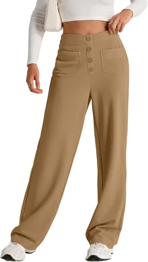 EVALESS Women's Spring 2025 Dress Pants High Waist Straight Leg Pants Button Down Bottoms Work Pants Trousers with Pockets