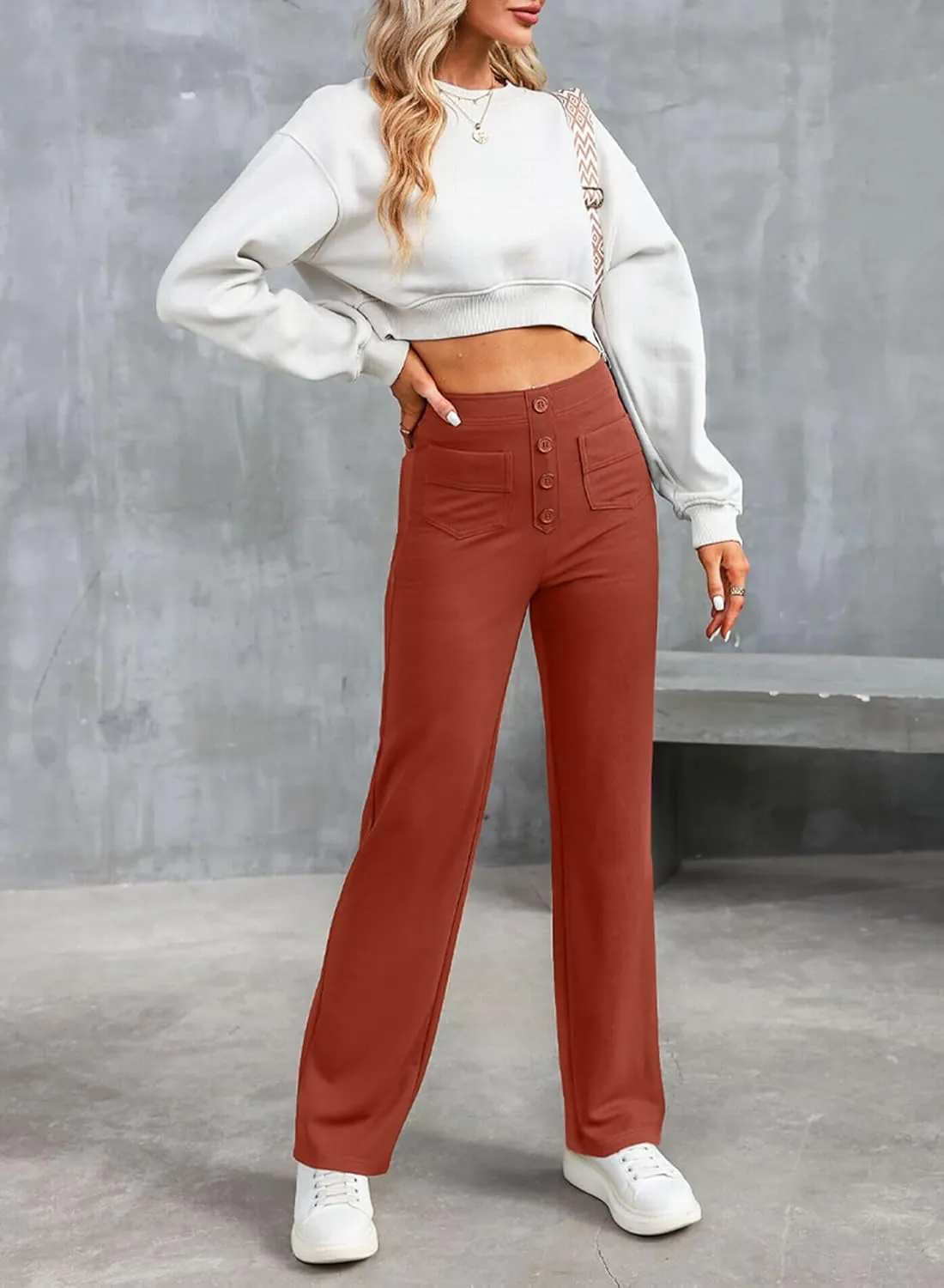 EVALESS Women's Spring 2025 Dress Pants High Waist Straight Leg Pants Button Down Bottoms Work Pants Trousers with Pockets