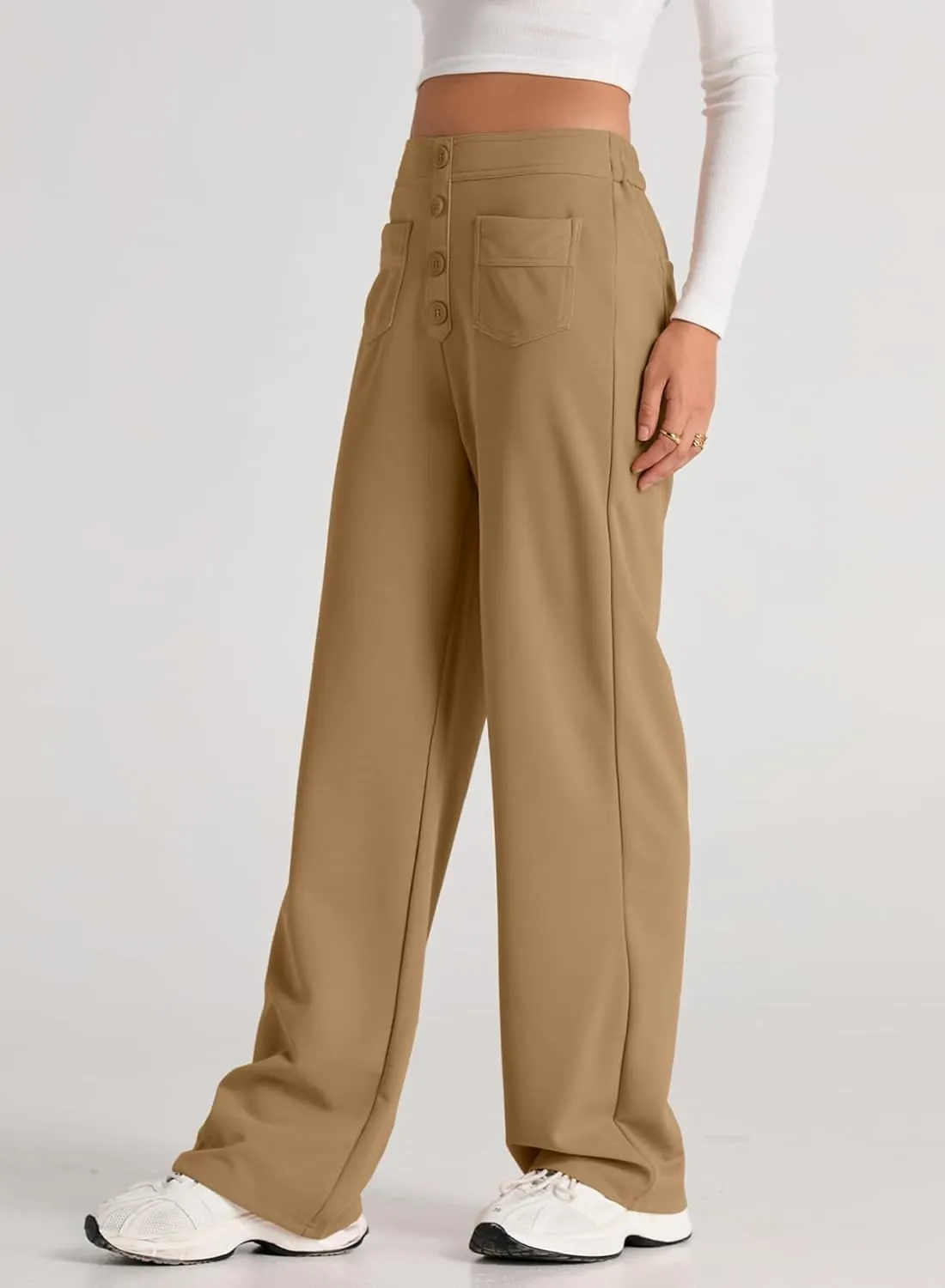 EVALESS Women's Spring 2025 Dress Pants High Waist Straight Leg Pants Button Down Bottoms Work Pants Trousers with Pockets
