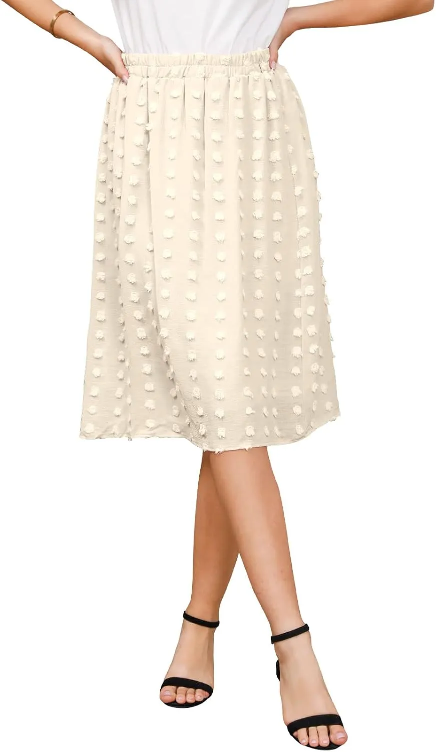 Ezcosplay Women's Boho Swiss Dot High Elastic Waist Pleated A-Line Midi Skirt
