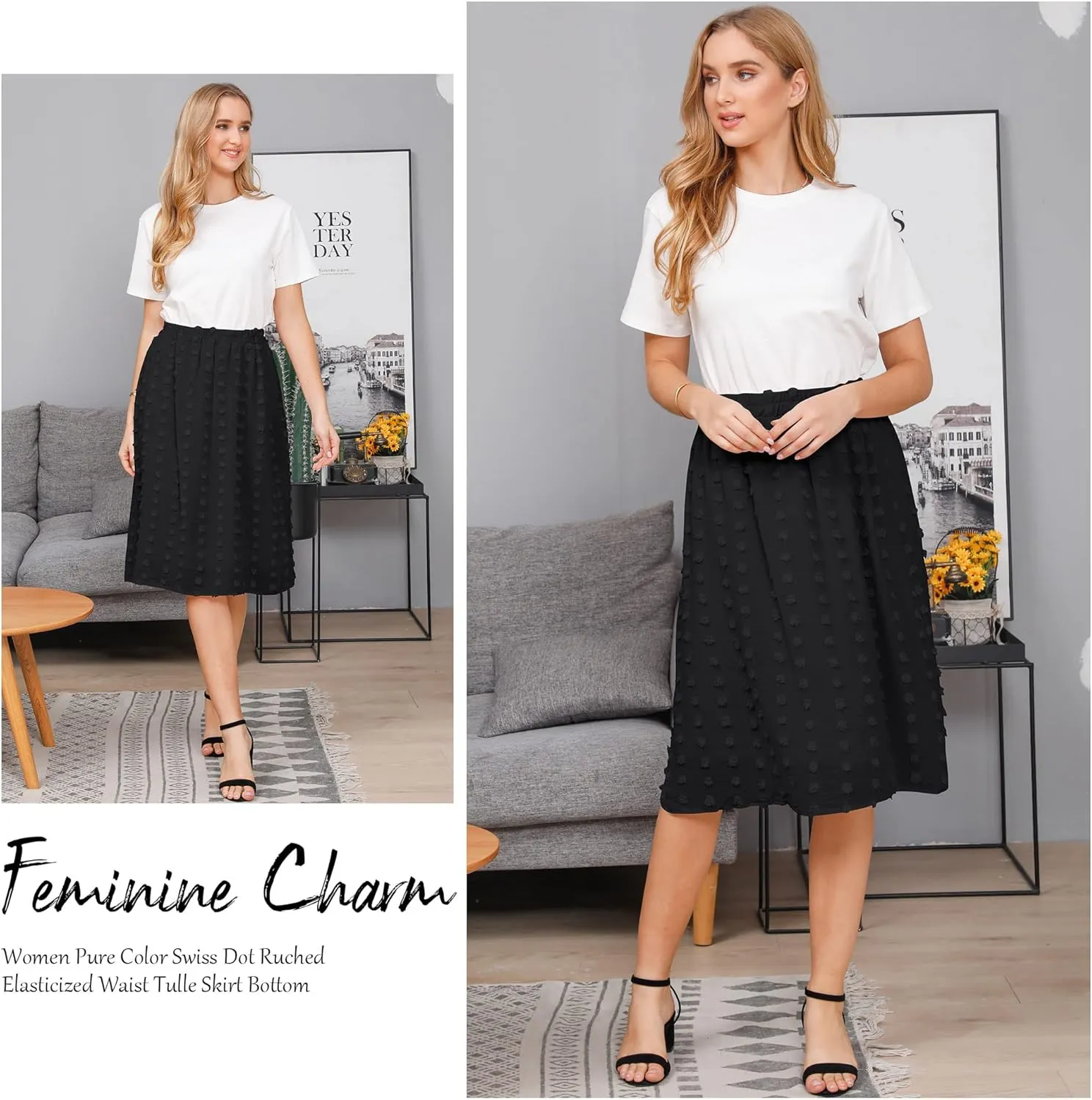 Ezcosplay Women's Boho Swiss Dot High Elastic Waist Pleated A-Line Midi Skirt