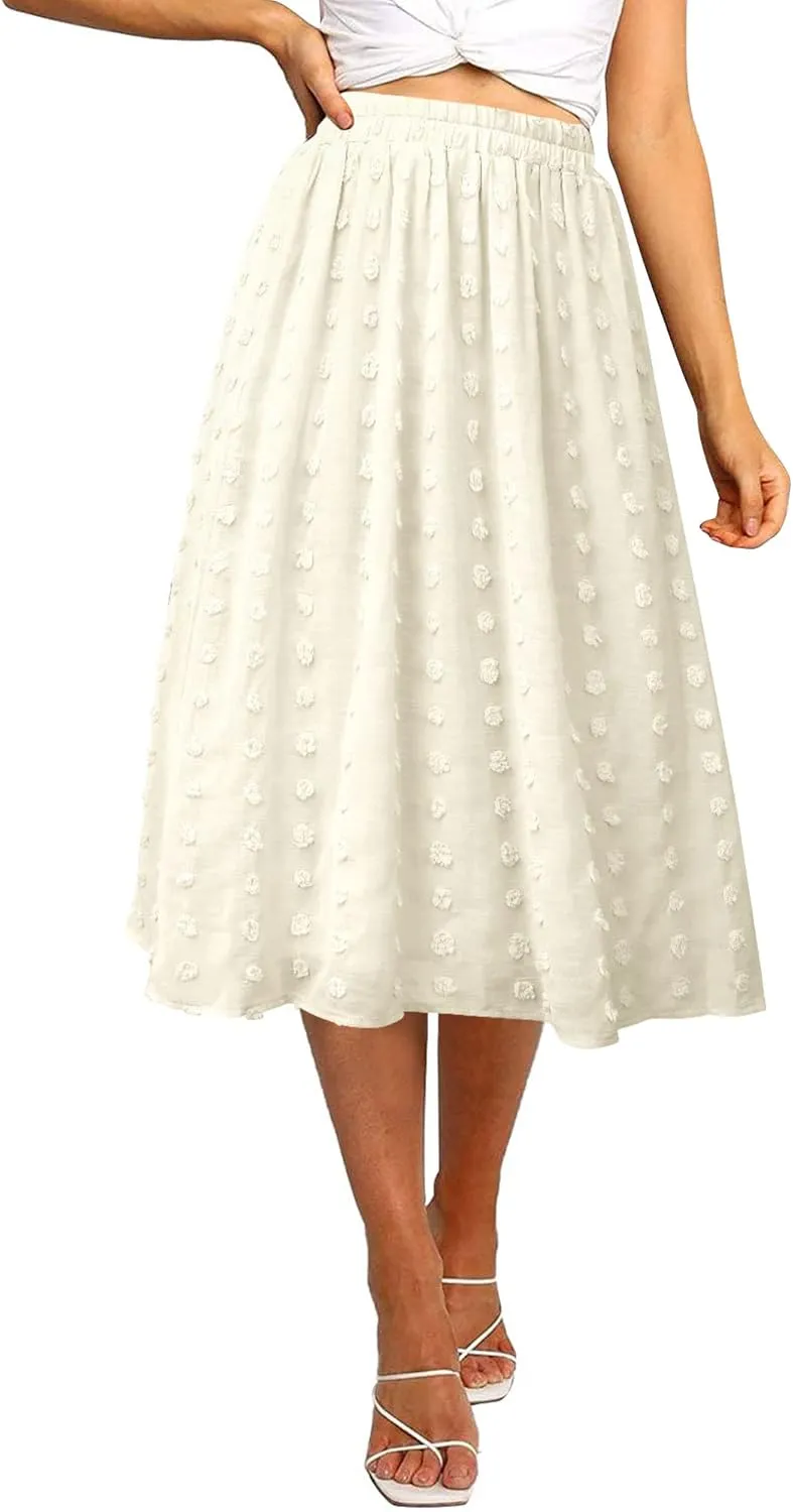 Ezcosplay Women's Boho Swiss Dot High Elastic Waist Pleated A-Line Midi Skirt