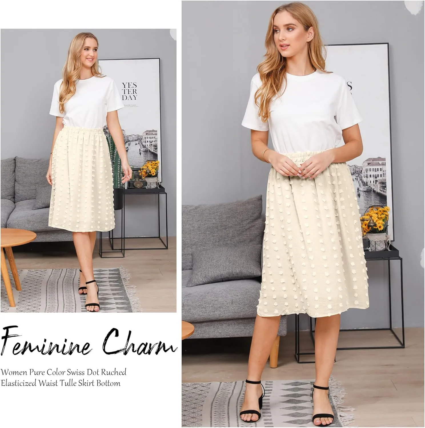 Ezcosplay Women's Boho Swiss Dot High Elastic Waist Pleated A-Line Midi Skirt