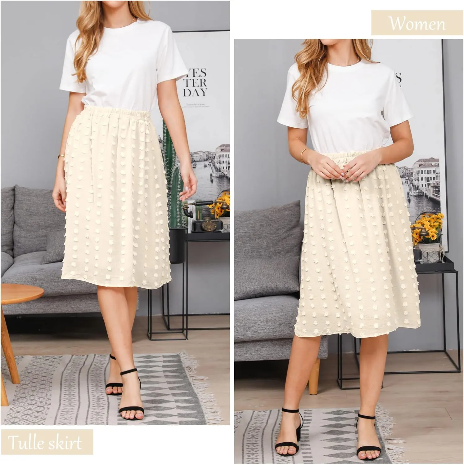Ezcosplay Women's Boho Swiss Dot High Elastic Waist Pleated A-Line Midi Skirt