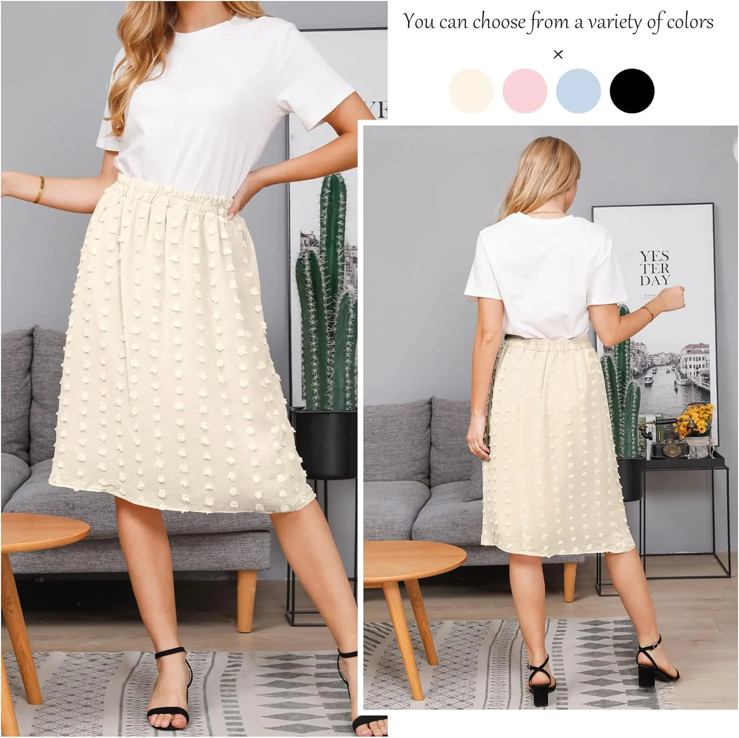 Ezcosplay Women's Boho Swiss Dot High Elastic Waist Pleated A-Line Midi Skirt