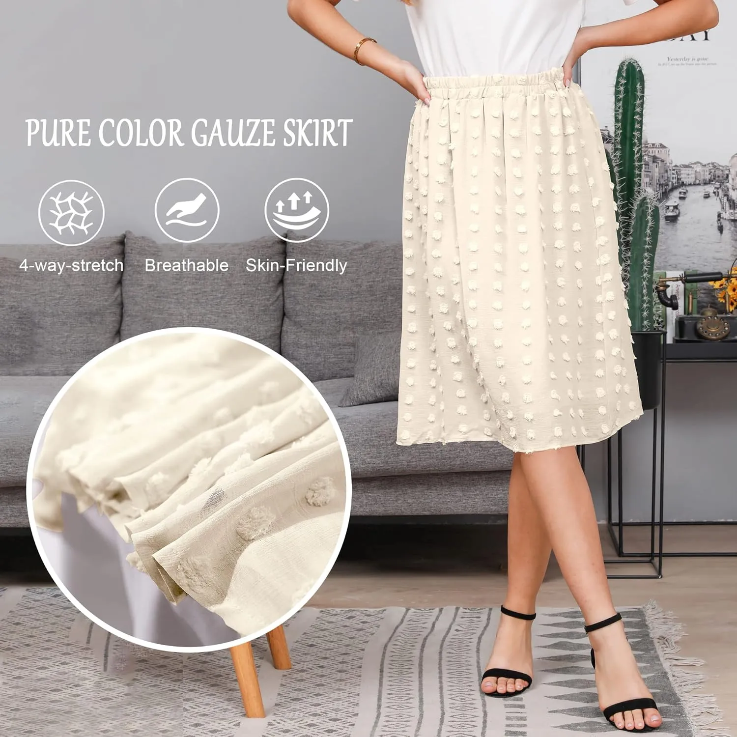 Ezcosplay Women's Boho Swiss Dot High Elastic Waist Pleated A-Line Midi Skirt