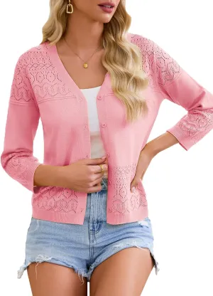 FAIRY SEASON Women's Lightweight Cropped Cardigan 3/4 Sleeve Crochet Shrug Button Down Knit Sweater Summer Cardigans