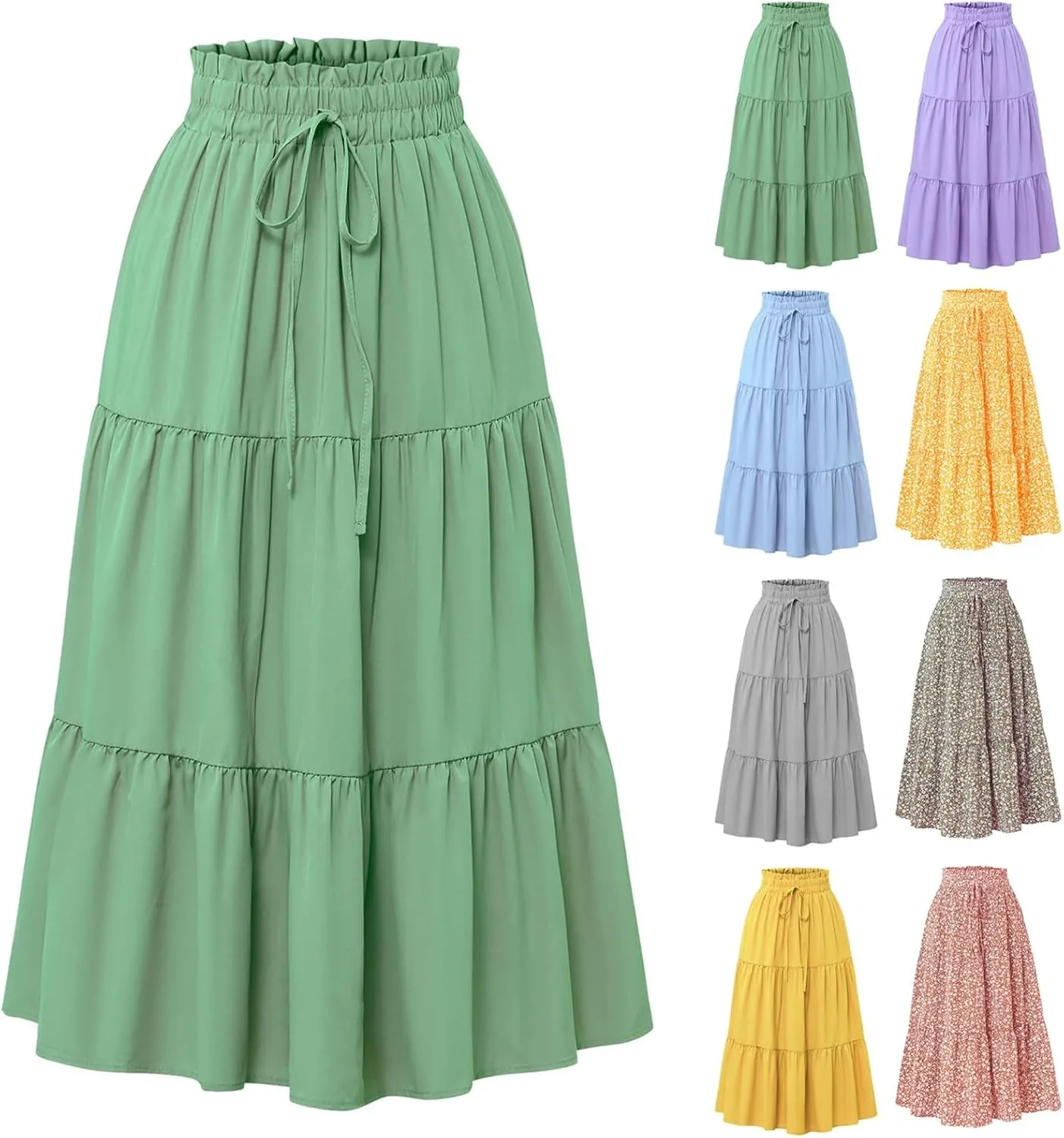 Floral Skirts for Women High Waist Tiered A Line Skirt Drawstring Waist Maxi Long Skirt Flowy Beach Pleated Skirts