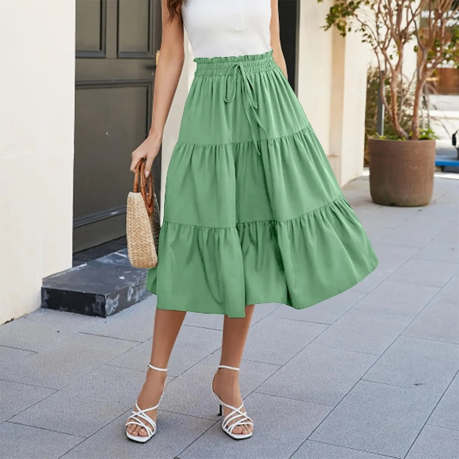 Floral Skirts for Women High Waist Tiered A Line Skirt Drawstring Waist Maxi Long Skirt Flowy Beach Pleated Skirts