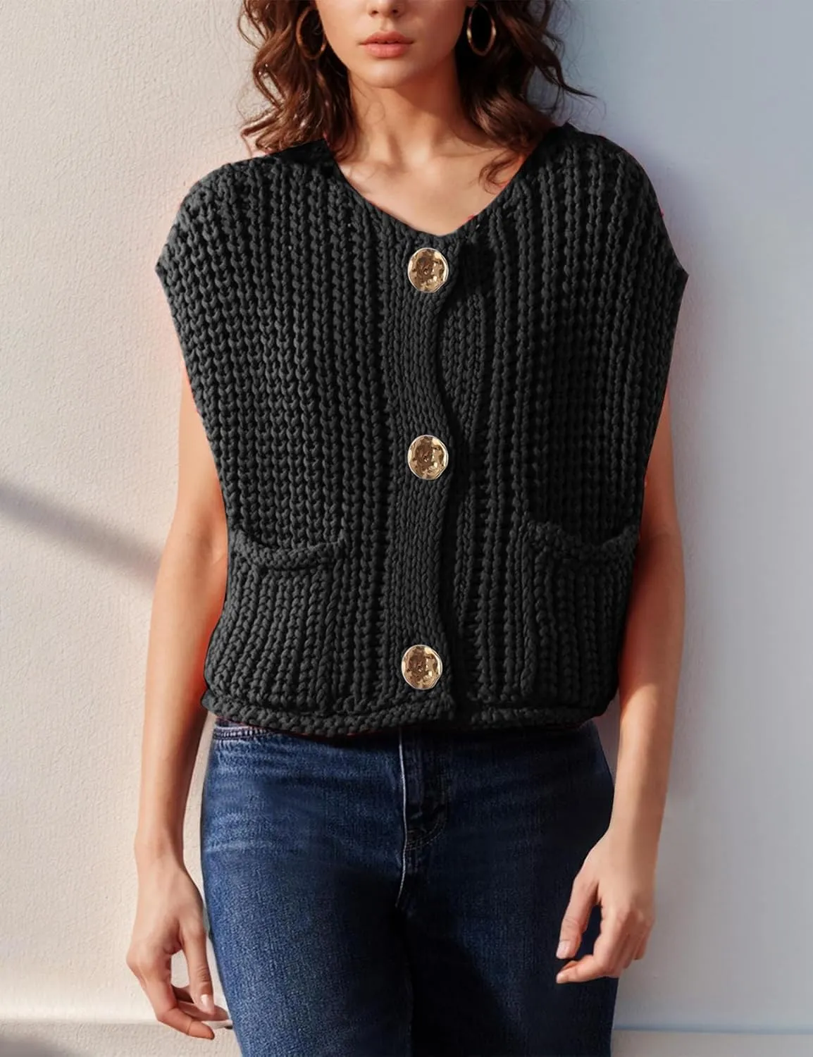 Flygo Womens Sleeveless Sweater Vest 2025 Spring Summer Crop Knit Top Chunky Crochet Button Cardigan Sweaters