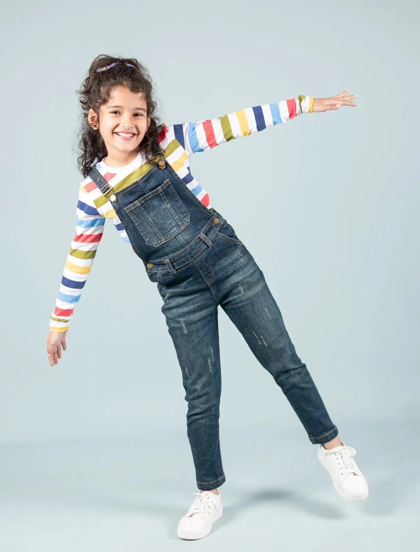 Girls Denim Dungaree for Kids with Full Sleeves T'shirt Combo Set