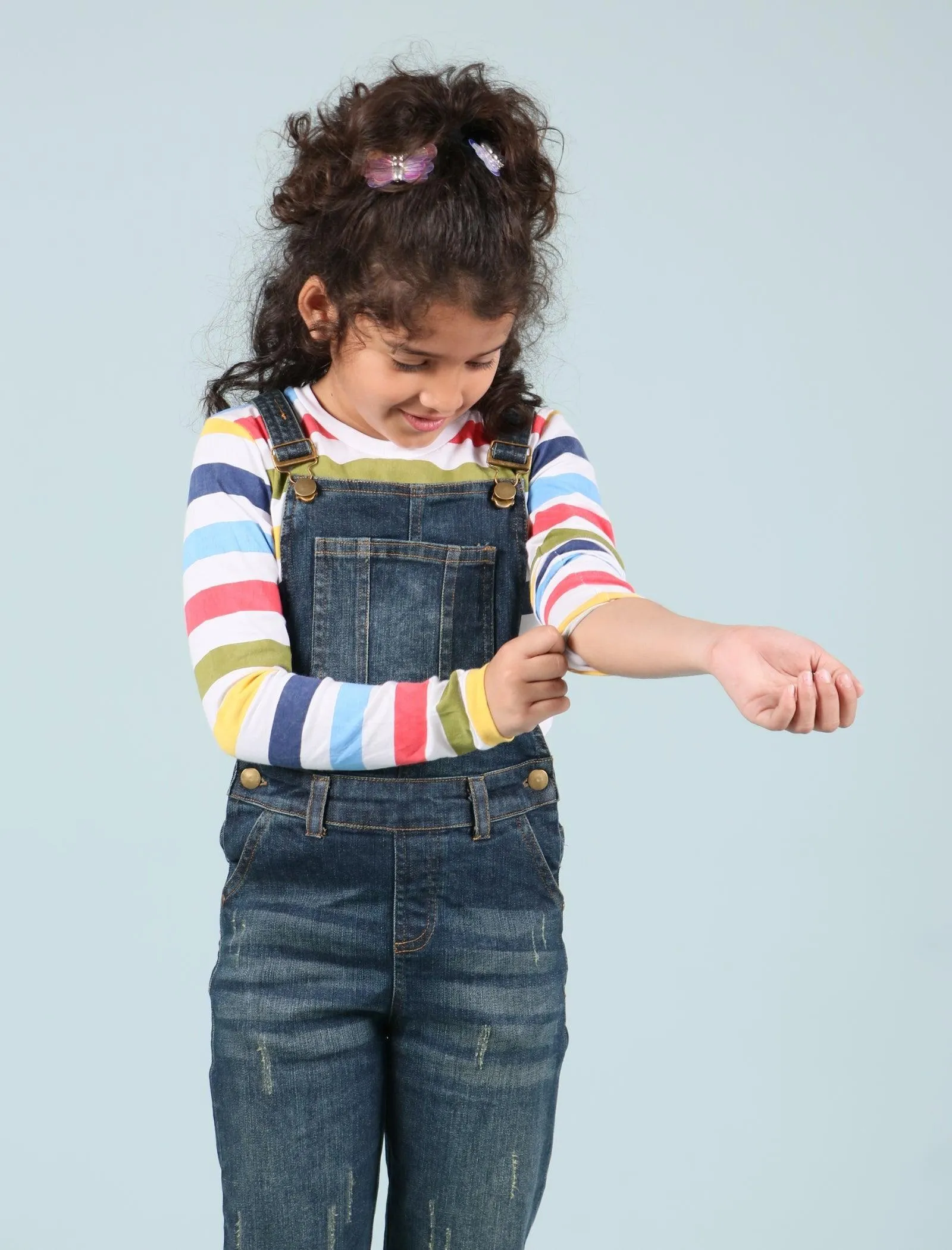 Girls Denim Dungaree for Kids with Full Sleeves T'shirt Combo Set