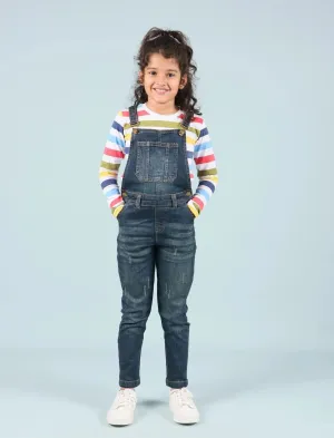 Girls Denim Dungaree for Kids with Full Sleeves T'shirt Combo Set