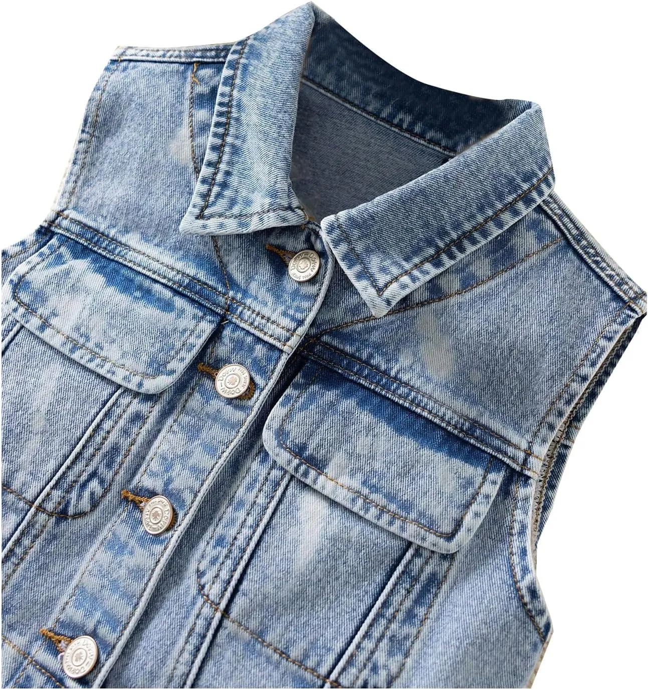 Girl's Denim Jacket Vest Collar Neck Button Front Sleeveless Jean Jacket Outerwear with Pockets Summer Jacket