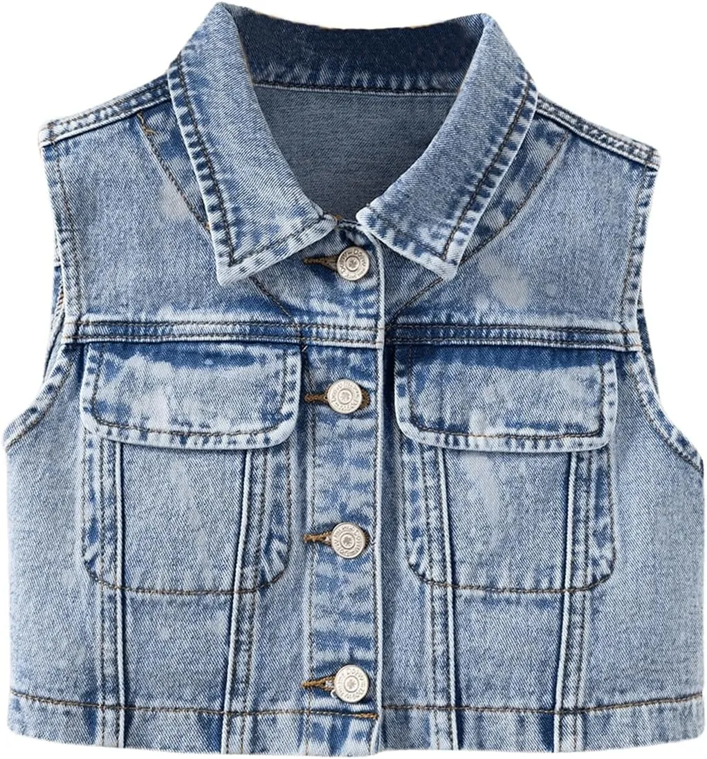 Girl's Denim Jacket Vest Collar Neck Button Front Sleeveless Jean Jacket Outerwear with Pockets Summer Jacket