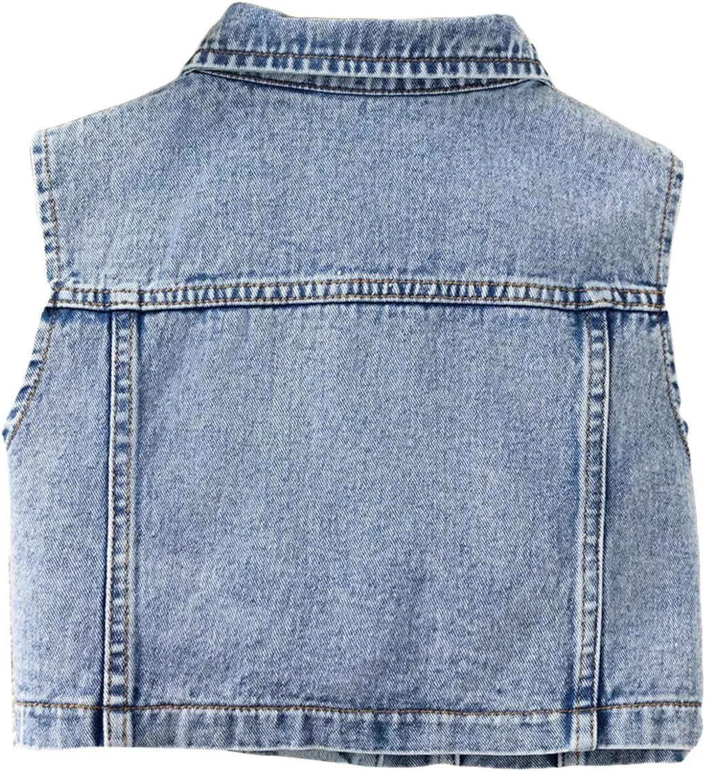 Girl's Denim Jacket Vest Collar Neck Button Front Sleeveless Jean Jacket Outerwear with Pockets Summer Jacket