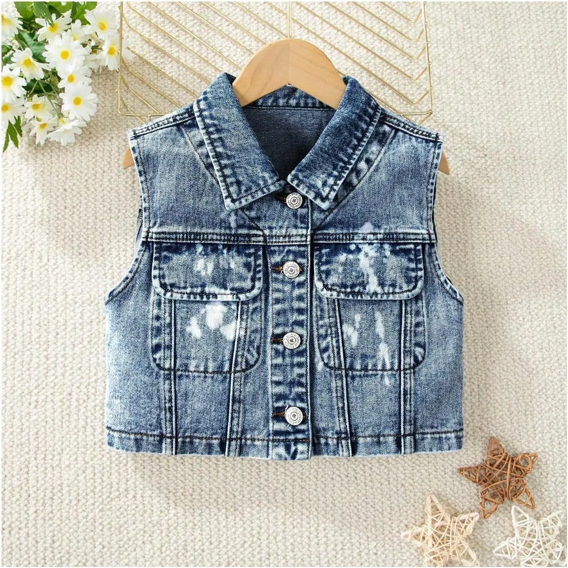 Girl's Denim Jacket Vest Collar Neck Button Front Sleeveless Jean Jacket Outerwear with Pockets Summer Jacket