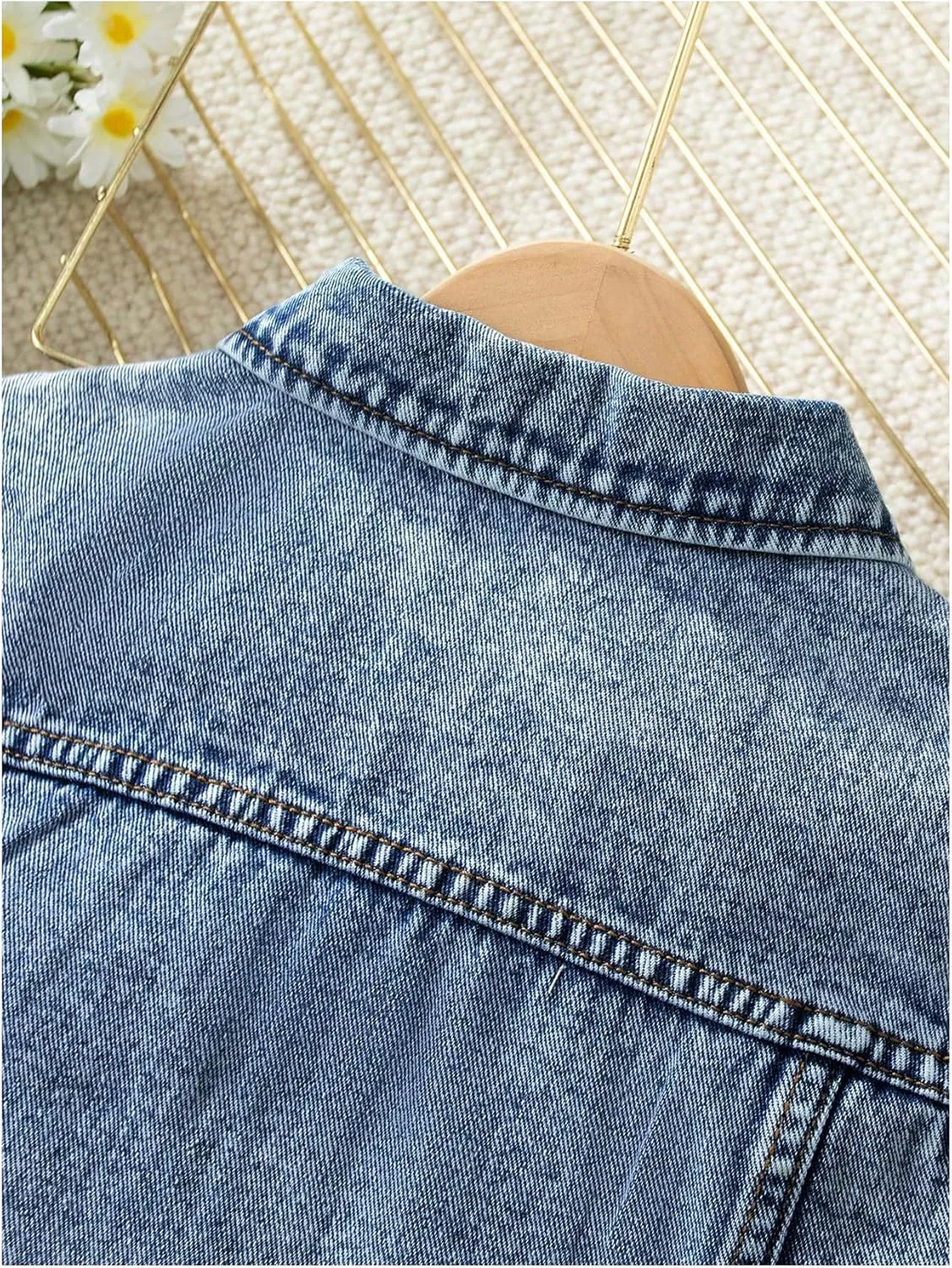 Girl's Denim Jacket Vest Collar Neck Button Front Sleeveless Jean Jacket Outerwear with Pockets Summer Jacket