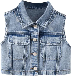 Girl's Denim Jacket Vest Collar Neck Button Front Sleeveless Jean Jacket Outerwear with Pockets Summer Jacket