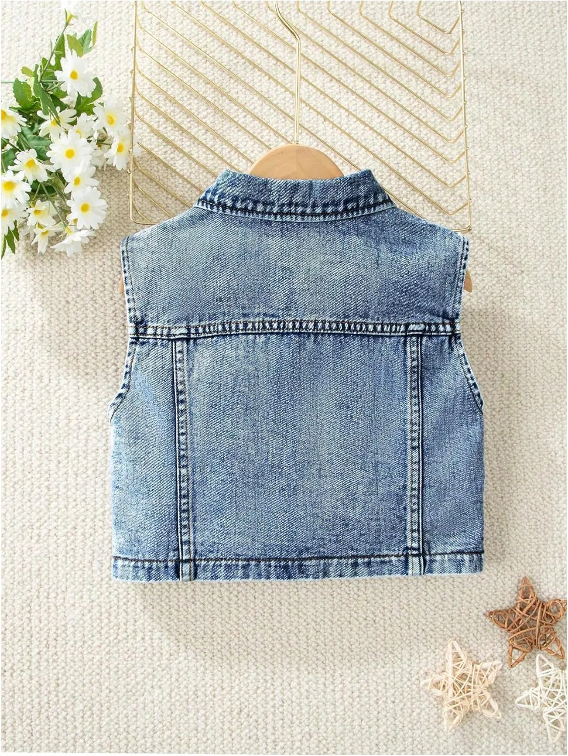 Girl's Denim Jacket Vest Collar Neck Button Front Sleeveless Jean Jacket Outerwear with Pockets Summer Jacket