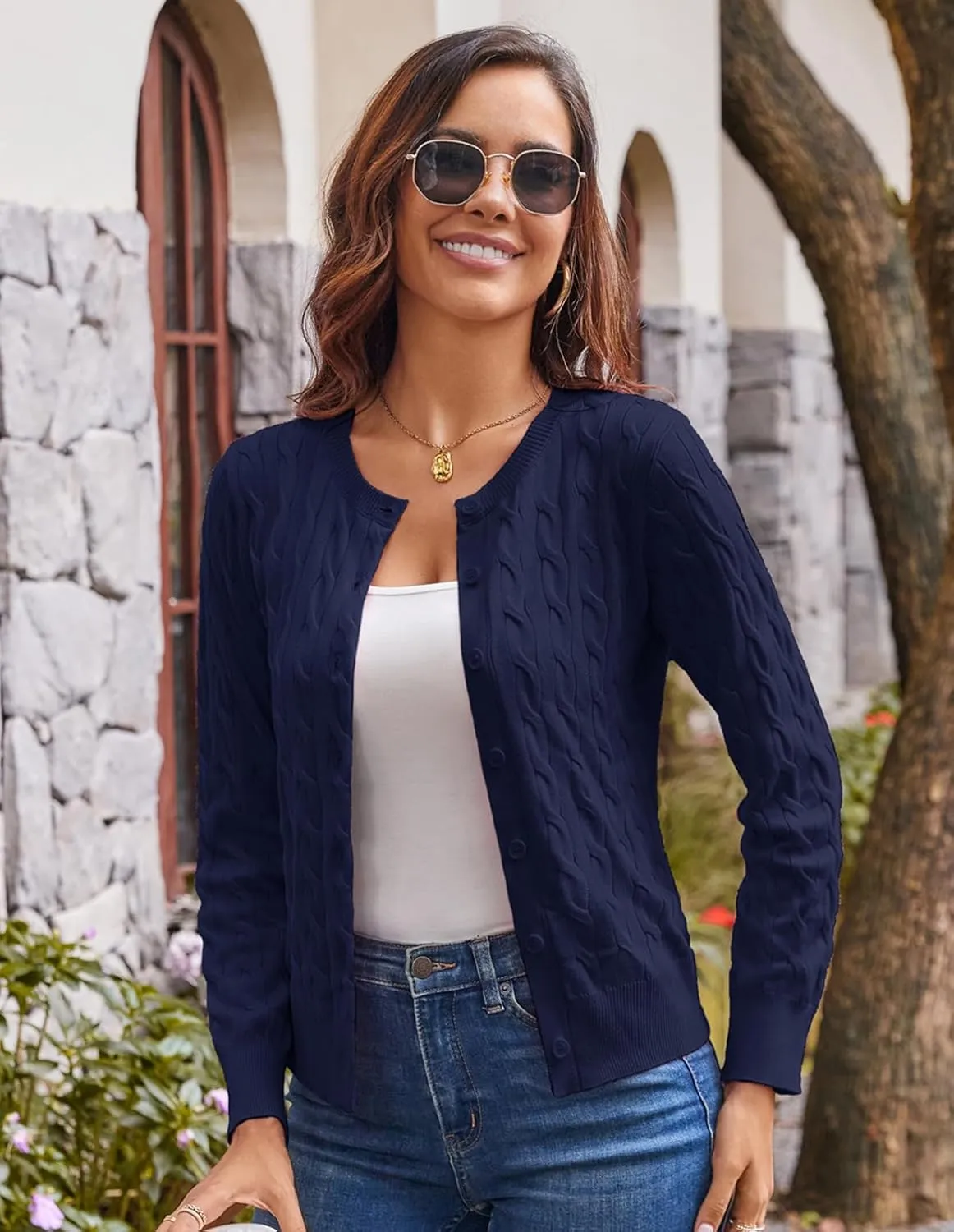 GRACE KARIN Women's Long Sleeve Button Up Cable Knit Cardigan Lightweight 2025 Crewneck Button Down Sweaters for Women