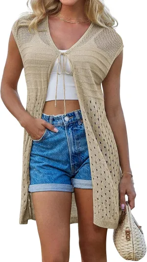 GRACE KARIN Womens Summer Sleeveless Cardigan Vest Lightweight Crochet Cardigan Casual Tie Front Beach Kimono Cardigans