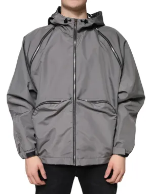 Gray Polyester Hooded Men Full Zip Jacket