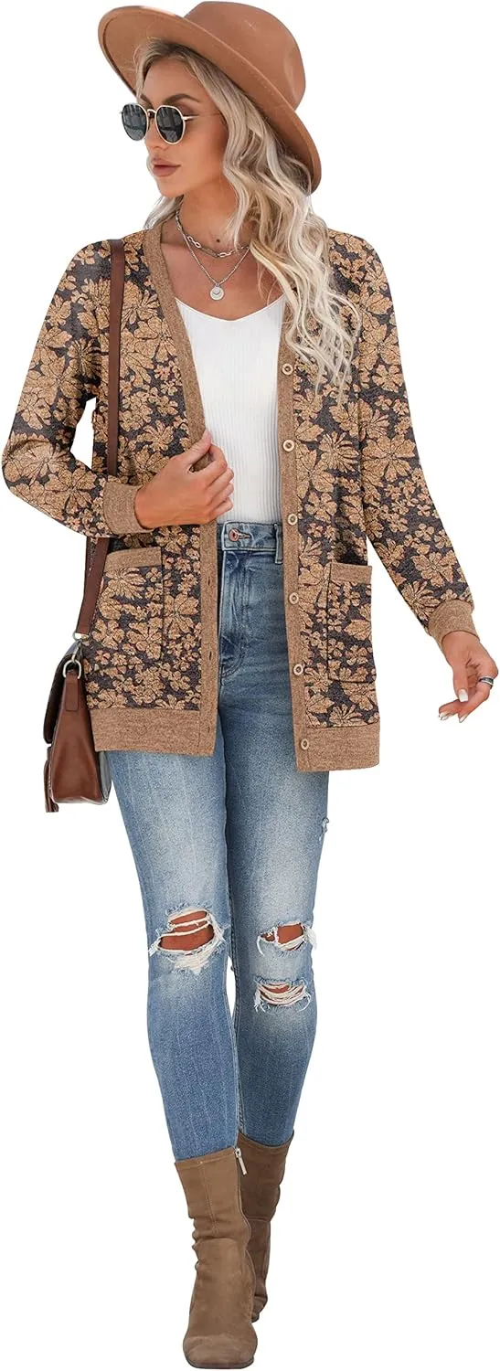 GRECERELLE Women's Long Sleeve Open Front Cardigan Button Down Ribbed Lightweight Knit Outerwear with Pocket
