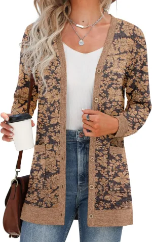 GRECERELLE Women's Long Sleeve Open Front Cardigan Button Down Ribbed Lightweight Knit Outerwear with Pocket