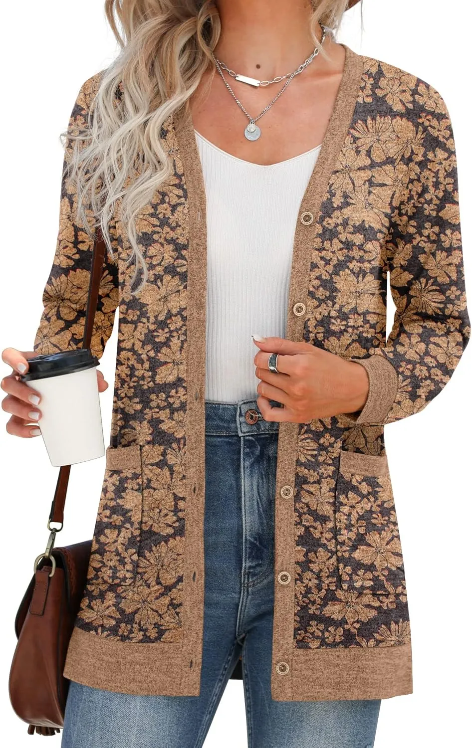 GRECERELLE Women's Long Sleeve Open Front Cardigan Button Down Ribbed Lightweight Knit Outerwear with Pocket