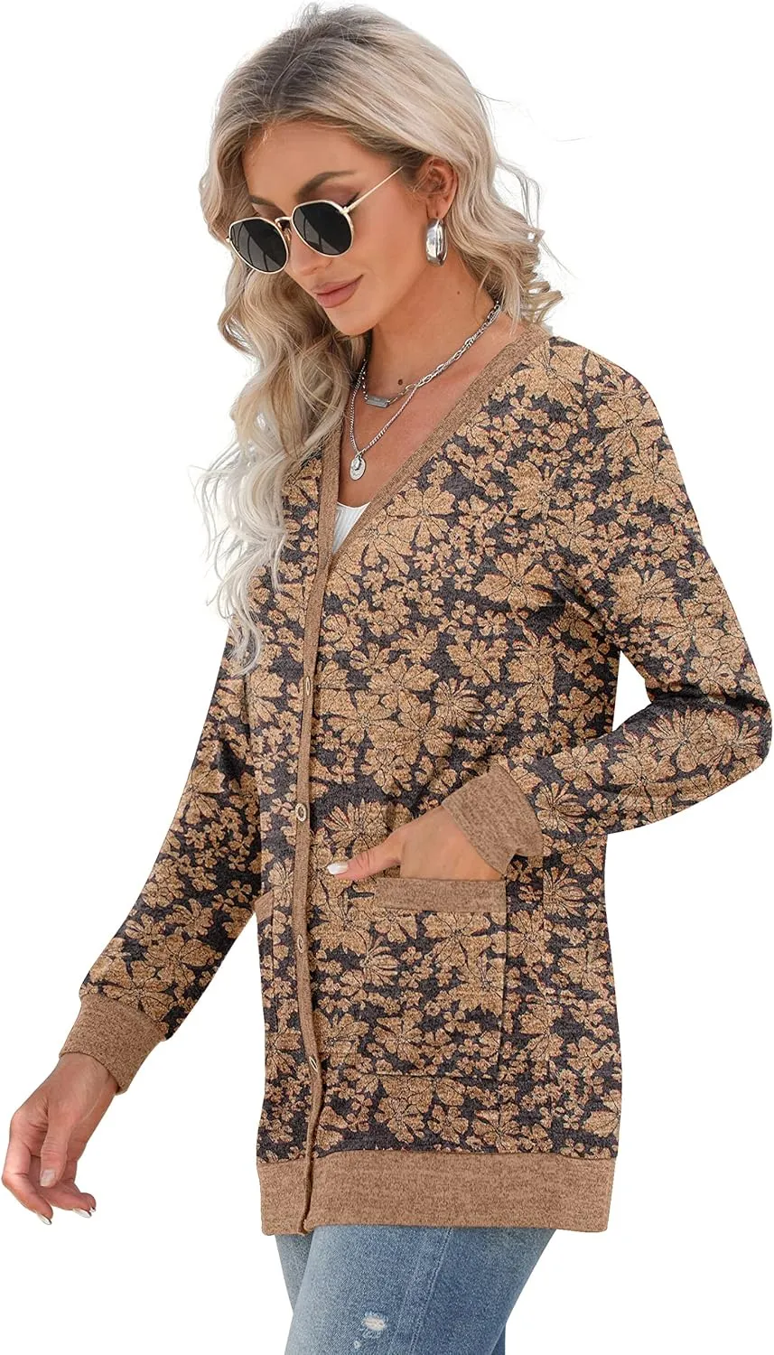 GRECERELLE Women's Long Sleeve Open Front Cardigan Button Down Ribbed Lightweight Knit Outerwear with Pocket