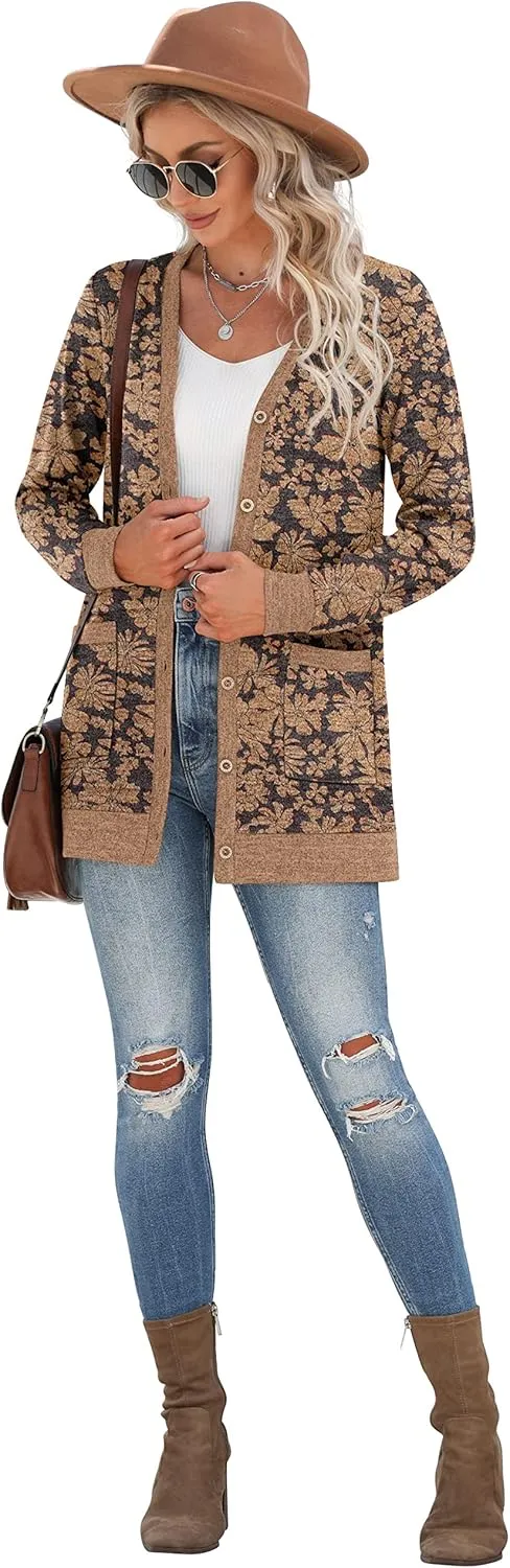 GRECERELLE Women's Long Sleeve Open Front Cardigan Button Down Ribbed Lightweight Knit Outerwear with Pocket