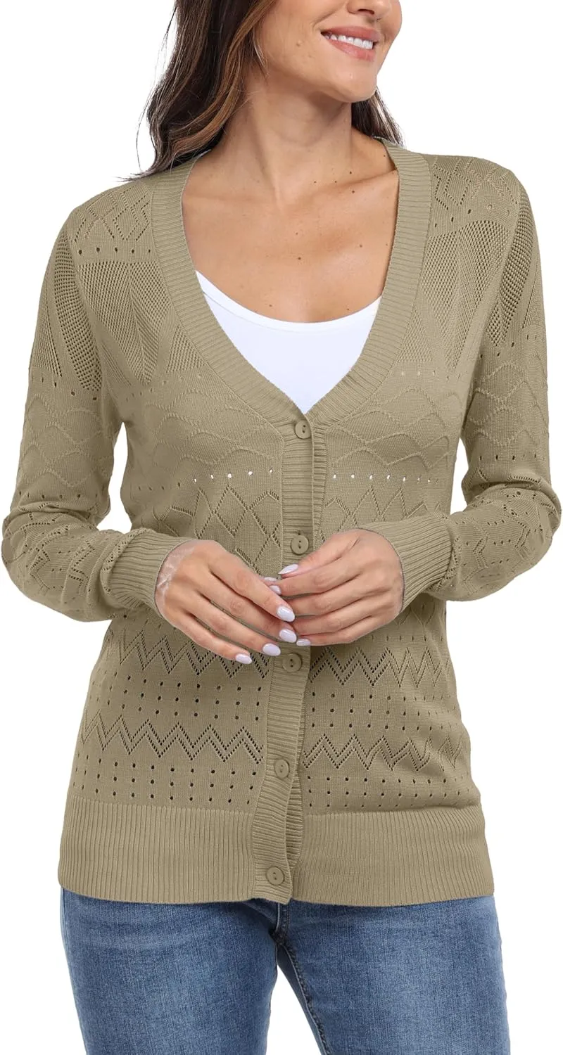 GRECERELLE Womens Summer Crochet Cardigans Long Sleeve Lightweight Casual Knit Sweaters