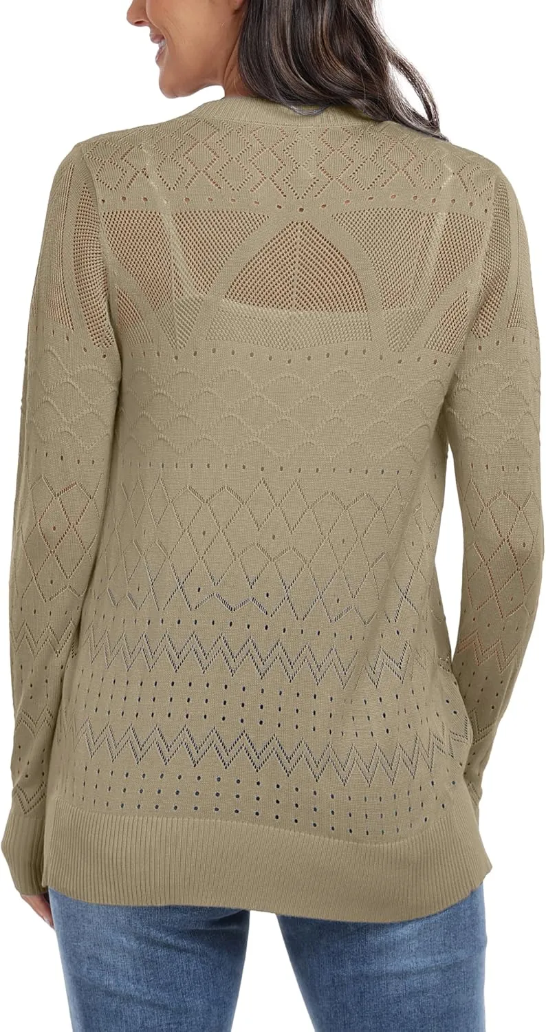 GRECERELLE Womens Summer Crochet Cardigans Long Sleeve Lightweight Casual Knit Sweaters