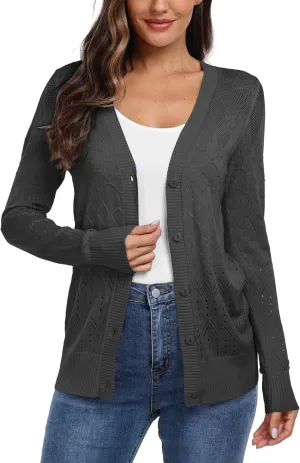 GRECERELLE Womens Summer Crochet Cardigans Long Sleeve Lightweight Casual Knit Sweaters