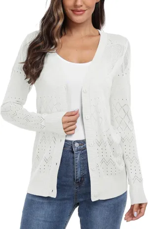 GRECERELLE Womens Summer Crochet Cardigans Long Sleeve Lightweight Casual Knit Sweaters