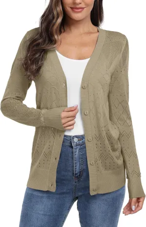 GRECERELLE Womens Summer Crochet Cardigans Long Sleeve Lightweight Casual Knit Sweaters